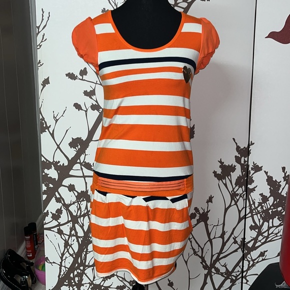 FILIPINO TIANGE (Commes De Garçons) White&Orange Striped Short Sleeve Dress $25 - Picture 4 of 13